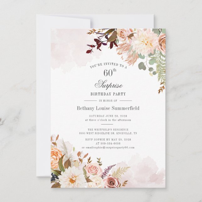 Modern Floral 60th Birthday Botanical Watercolor Invitation (Front)