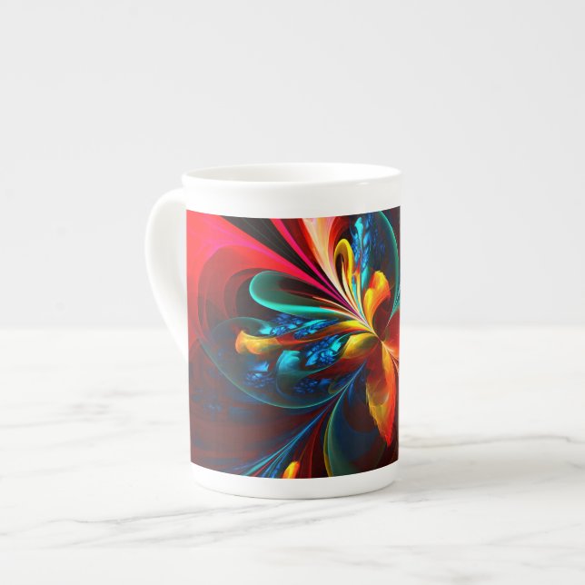 Modern Floral Abstract Art Orange Blue Pattern #14 Bone China Mug (Front Left)
