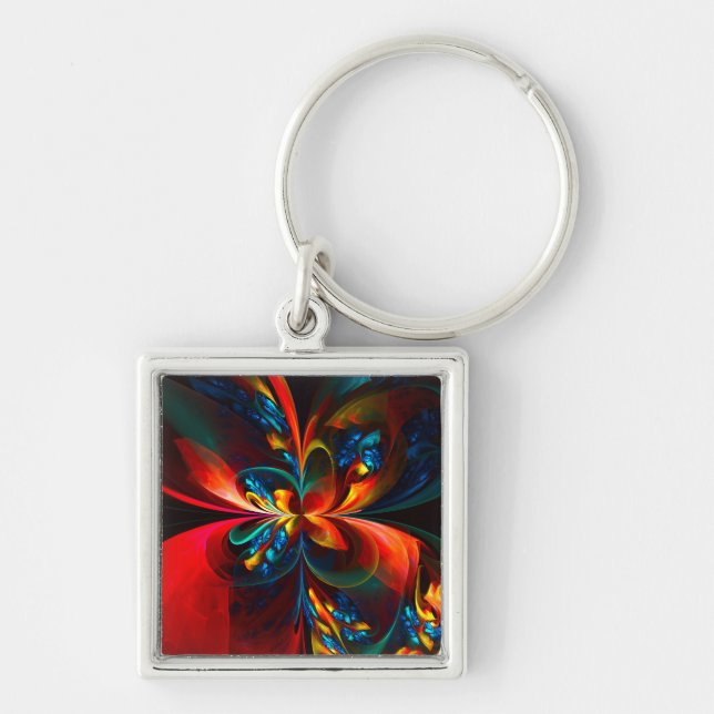 Modern Floral Abstract Art Orange Blue Pattern #14 Keychain (Front)