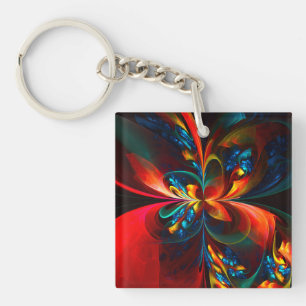 Modern Floral Abstract Art Orange Blue Pattern #14 Keychain
