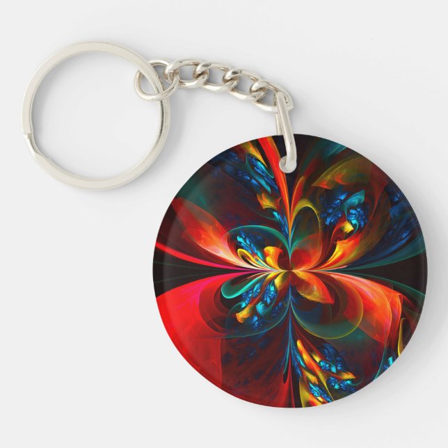 Modern Floral Abstract Art Orange Blue Pattern #14 Keychain (Front)