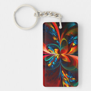 Modern Floral Abstract Art Orange Blue Pattern #14 Keychain