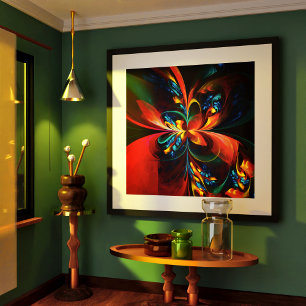 Modern Floral Abstract Art Orange Blue Pattern #14 Poster