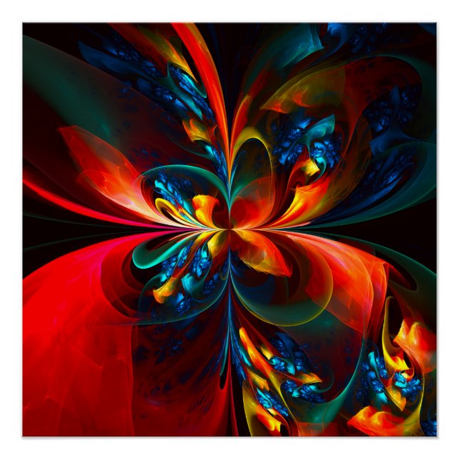 Modern Floral Abstract Art Orange Blue Pattern #14 Poster (Front)