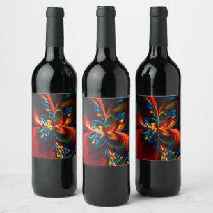 Modern Floral Abstract Art Orange Blue Pattern #14 Wine Label