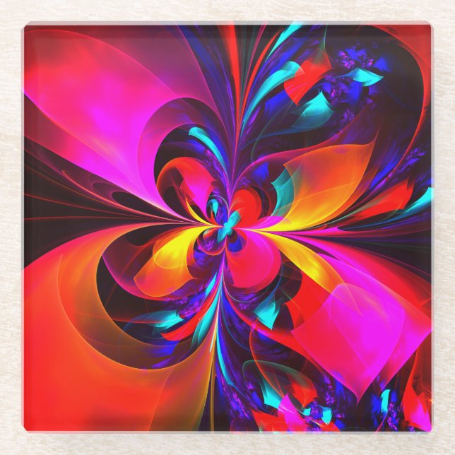 Modern Floral Abstract Art Red Blue Pattern #07 Glass Coaster (Front)
