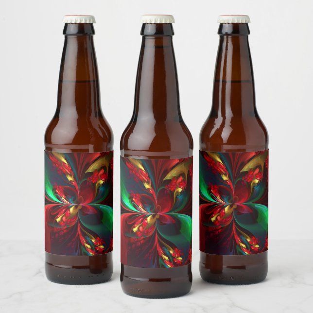 Modern Floral Abstract Art Red Green Pattern #11 Beer Bottle Label (Bottles)