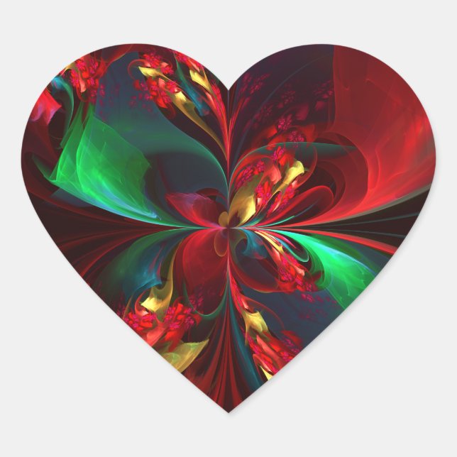 Modern Floral Abstract Art Red Green Pattern #11 Heart Sticker (Front)