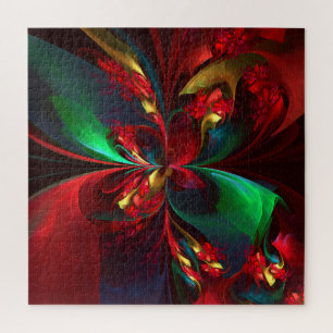 Modern Floral Abstract Art Red Green Pattern #11 Jigsaw Puzzle