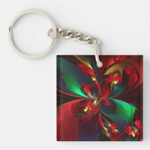 Modern Floral Abstract Art Red Green Pattern #11 Keychain