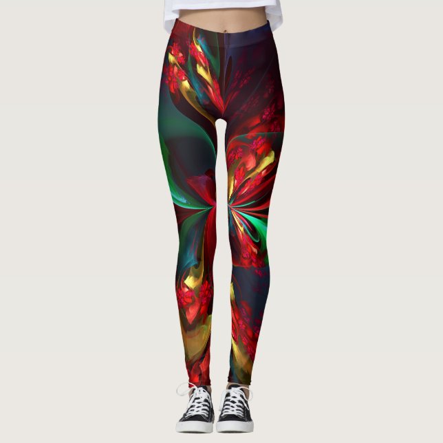 Modern Floral Abstract Art Red Green Pattern #11 Leggings (Front)