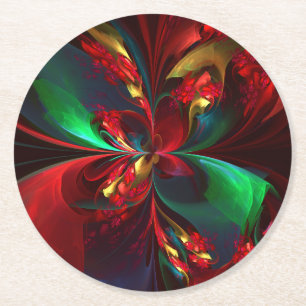 Modern Floral Abstract Art Red Green Pattern #11 Round Paper Coaster