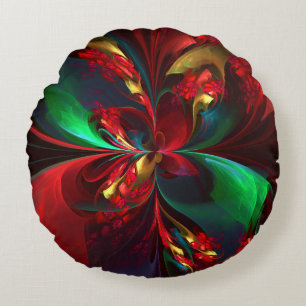 Modern Floral Abstract Art Red Green Pattern #11 Round Pillow