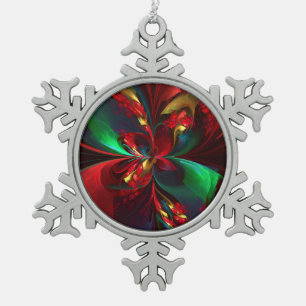 Modern Floral Abstract Art Red Green Pattern #11 Snowflake Pewter Christmas Ornament