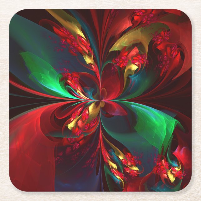 Modern Floral Abstract Art Red Green Pattern #11 Square Paper Coaster (Front)
