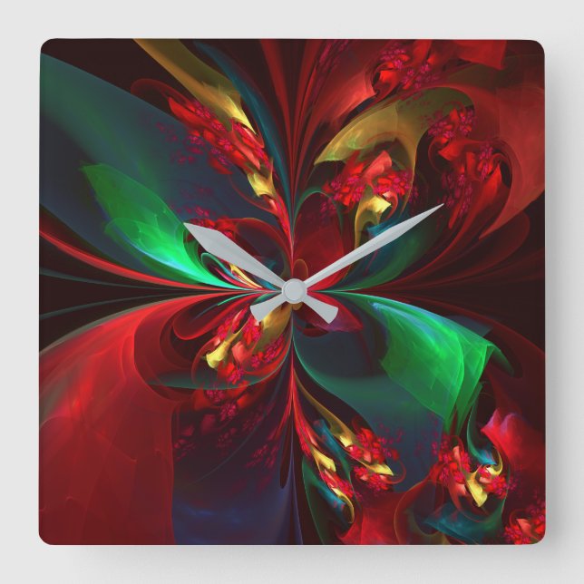 Modern Floral Abstract Art Red Green Pattern #11 Square Wall Clock (Front)