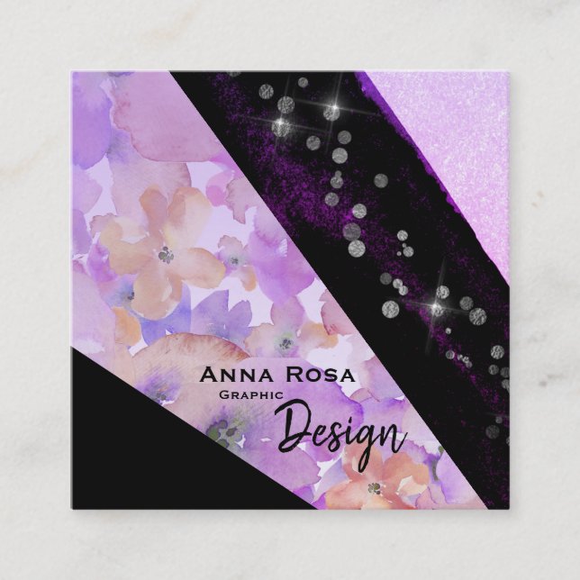 *~* Modern Floral Abstract Glitter Geometric Black Square Business Card (Front)