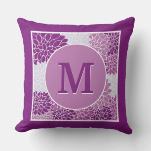 Modern Floral Abstract Purple Monogrammed Initial Throw Pillow