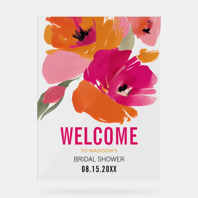 Modern Floral Acrylic Bridal Shower Welcome Sign (Front)