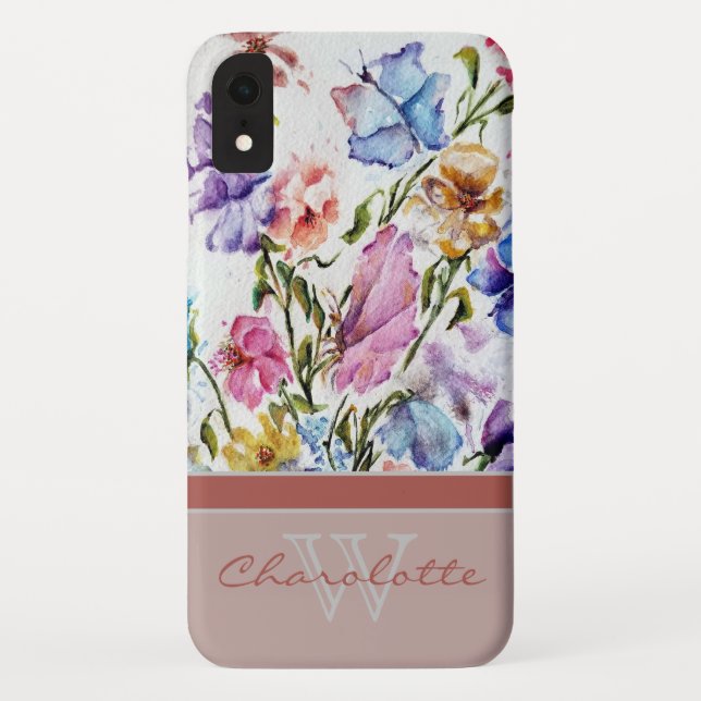 Modern Floral and Butterfly w Blush Monogram Name Case-Mate iPhone Case (Back)