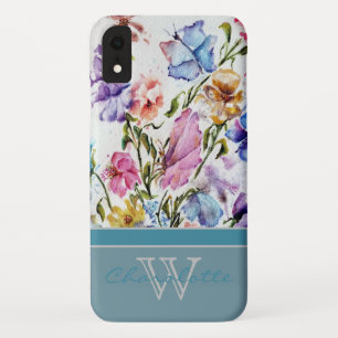 Modern Floral and Butterfly w Teal Monogram Name iPhone XR Case