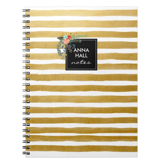 Modern Floral and Gold Foil Stripes Notebook (Front)