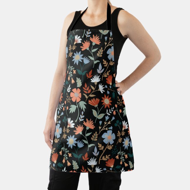 Modern Floral And Leaf Print Black Orange Blue Apron (Insitu)