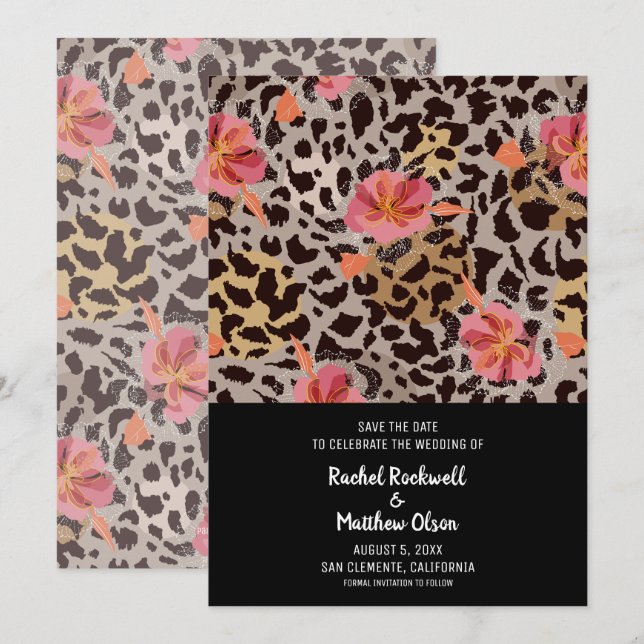 Modern Floral Animal Print Wedding Save the Date (Front/Back)