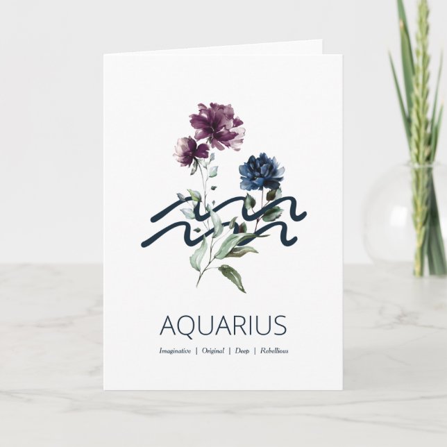 Modern Floral Aquarius Zodiac Sign Birthday Card (Front)