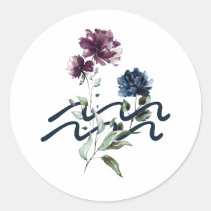 Modern Floral Aquarius Zodiac Sign Classic Round Sticker