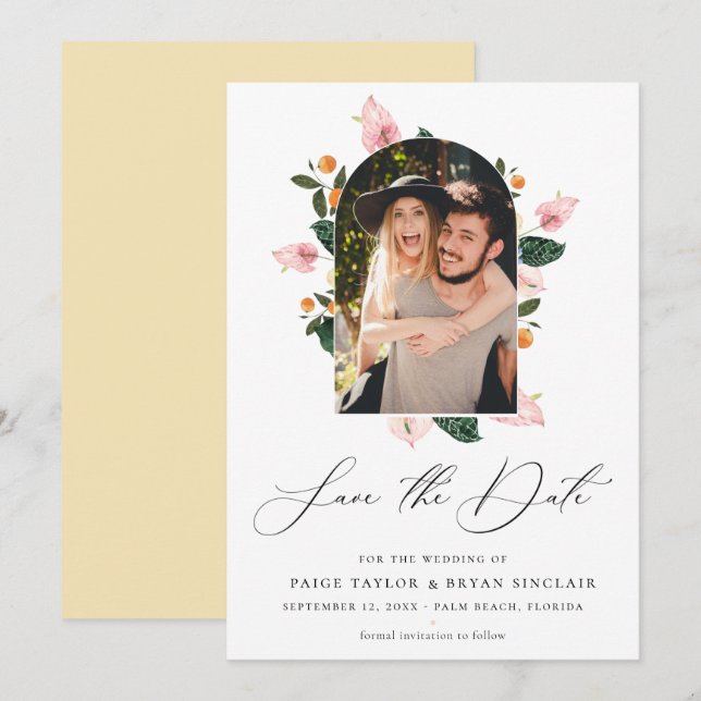 Modern Floral Arch Frame Save the Date Photo (Front/Back)