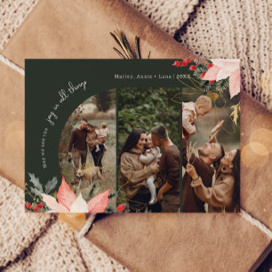Modern Floral Arch Joy In All Things Three Photo Holiday Card