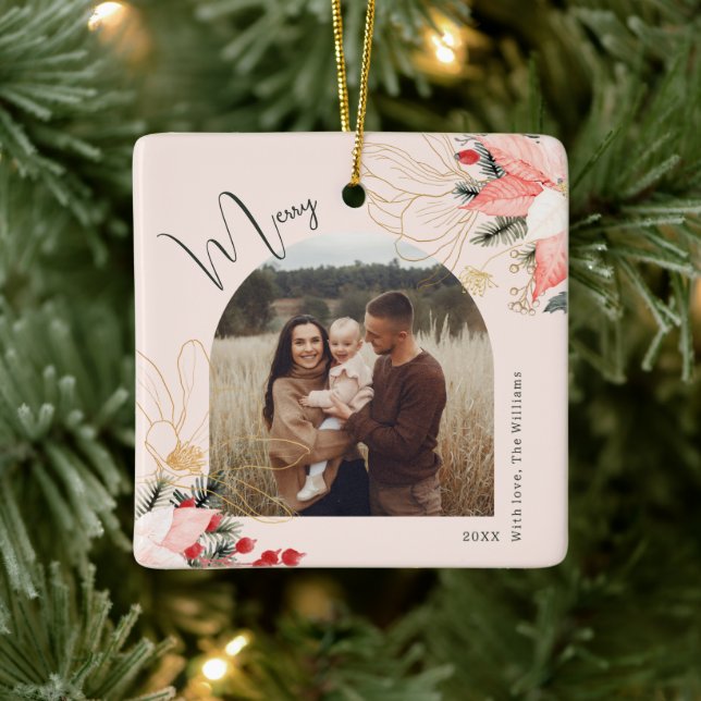 Modern Floral Arch Merry Christmas Holiday Ceramic Ornament (Tree)