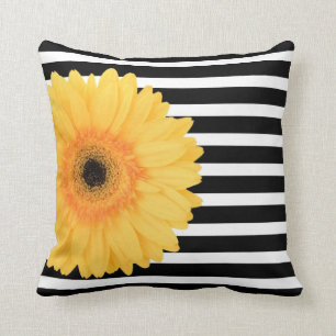 Modern Floral, B&W Stripes w Yellow Daisy Throw Pillow