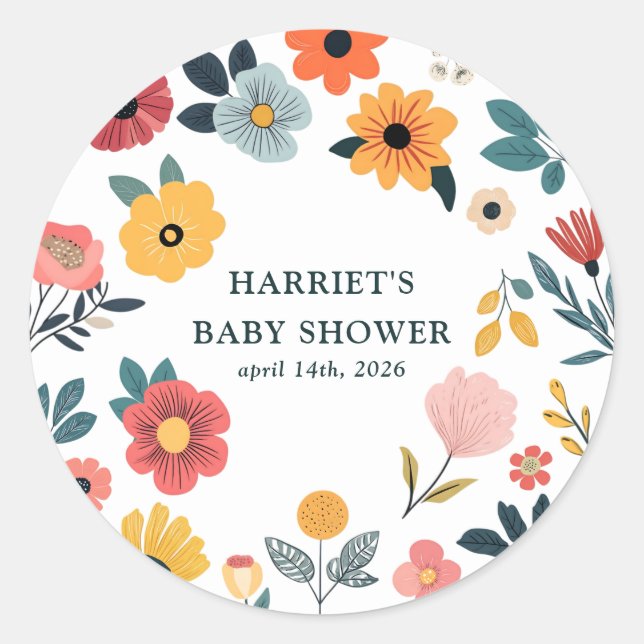 Modern Floral Baby Shower Classic Round Sticker (Front)