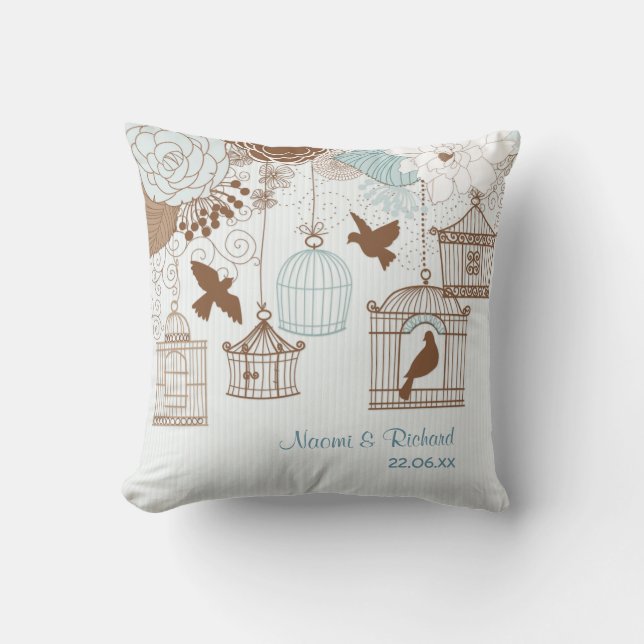 Modern Floral Birdcage Blue Throw Pillow (Front)