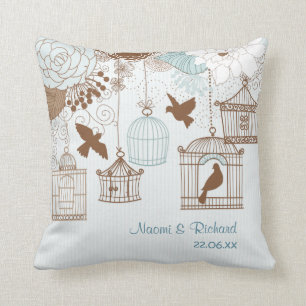 Modern Floral Birdcage Blue Throw Pillow