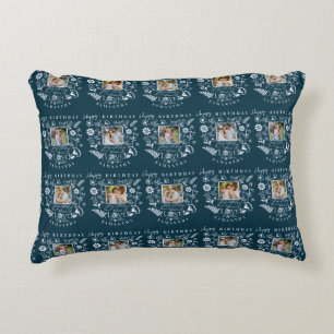 Modern Floral Birthday Typography Photo Doodle Accent Pillow