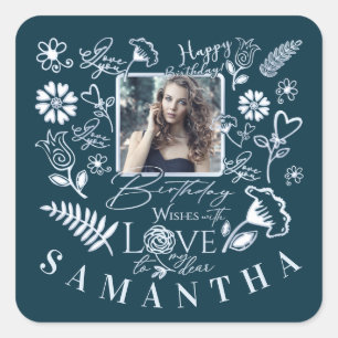 Modern Floral Birthday Typography Photo Doodle Square Sticker