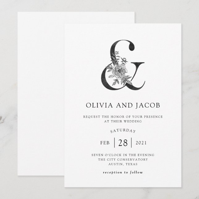 Modern Floral | Black and White Ampersand Wedding Invitation (Front/Back)