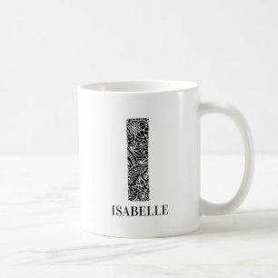 Modern Floral Black and White Initial I and Name Coffee Mug