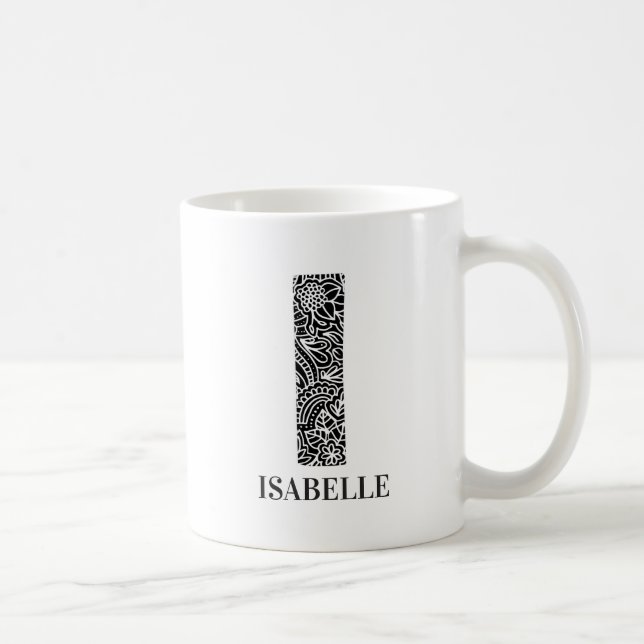 Modern Floral Black and White Initial I and Name Coffee Mug (Right)