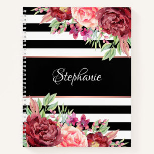 Modern Floral Black and White Stripe Personalized Notebook