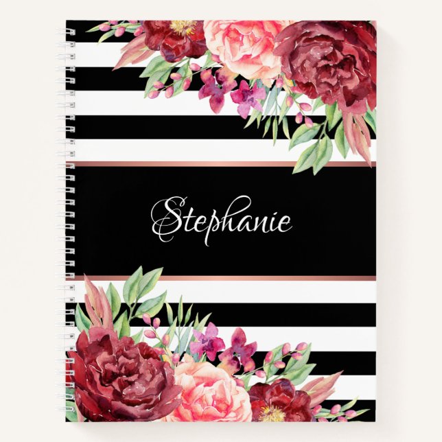 Modern Floral Black and White Stripe Personalized Notebook (Front)