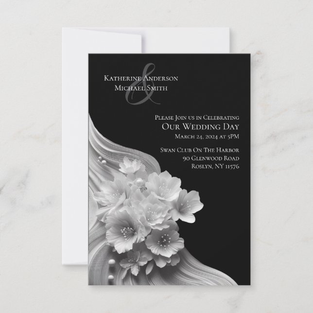 Modern Floral Black and White Wedding- Invitation (Front)