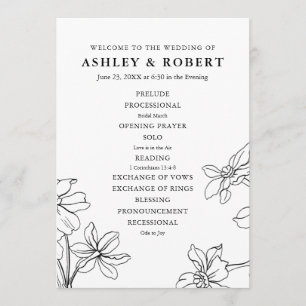 Modern Floral Black and White Wedding  Program