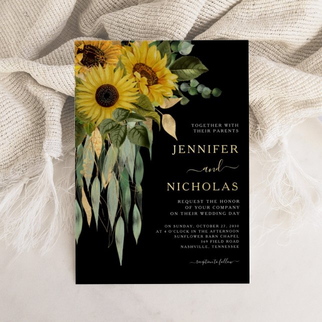 Modern Floral Black Wedding Gold Foil Invitation (Modern Floral Black Wedding Gold Foil Invitation)