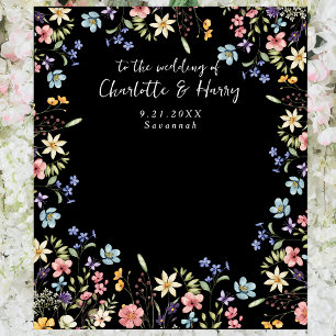 Modern Floral Black Wedding Photo Backdrop Tapestry