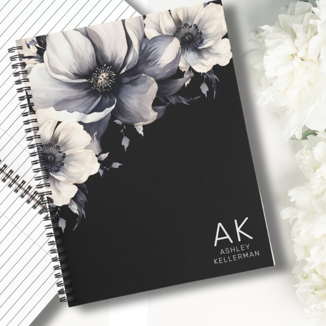 Modern Floral Black White Initial Monogram Notebook (Modern Floral Initials Name Black White Monogram Notebook)