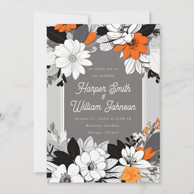 Modern floral black, white, orange wedding invitation (Front)